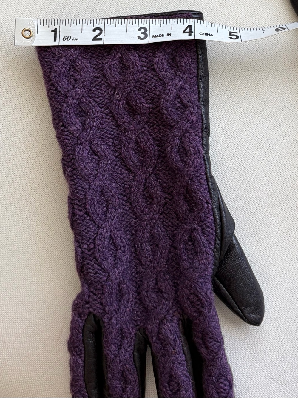 ECHO Leather & Cable Knit Mixed Media Winter Gloves Black Purple